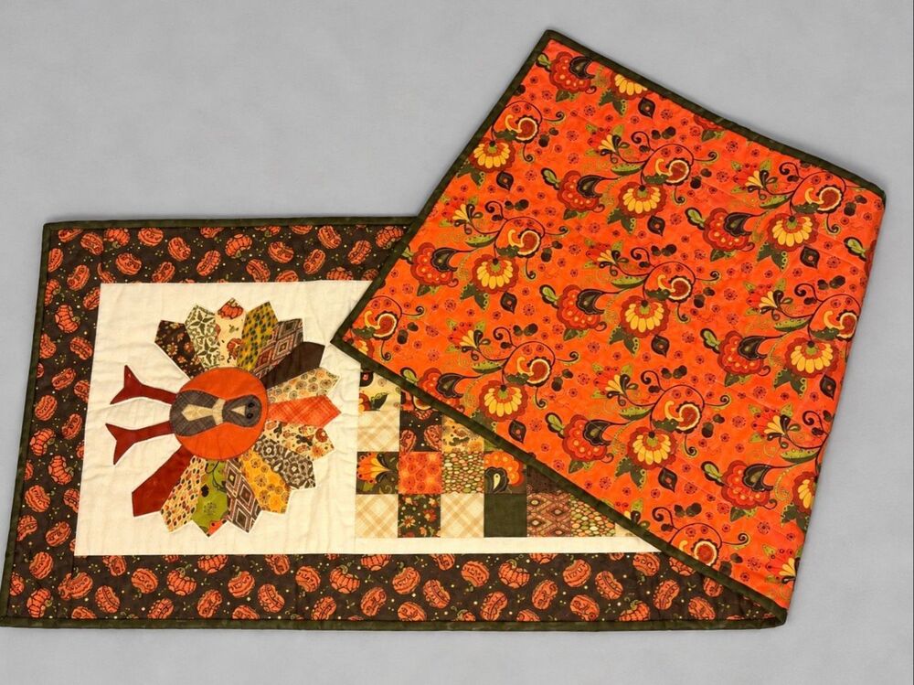 Handmade Country Farmhouse Table Runner Turkey Patchwork Cotton Fall Thanksgivin